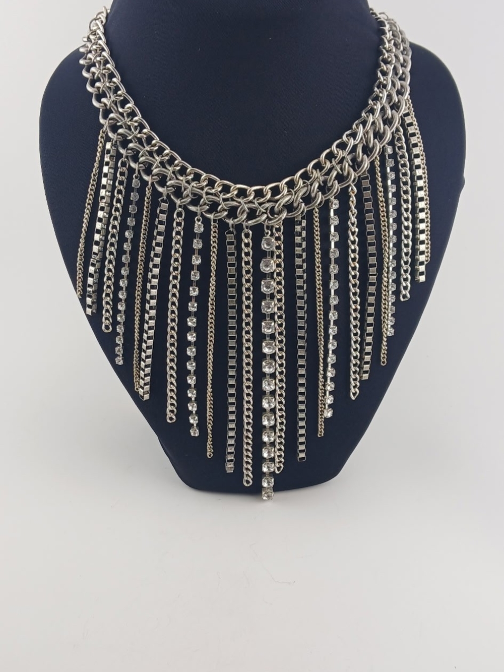 Vintage Signed Robert Rose Silver Crystal Waterfall Fringe Necklace